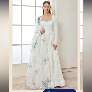 LASHKARAA White Georgette Anarkali With Floral Printed Dupatta